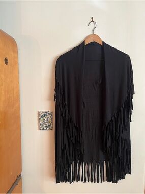 Black Fringe Open-Front Women's Sweater Cardigan
